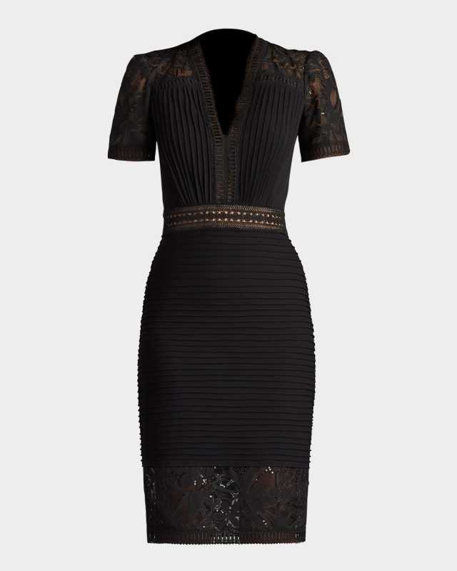 Pintuck Bodycon Lace & Crepe Dress